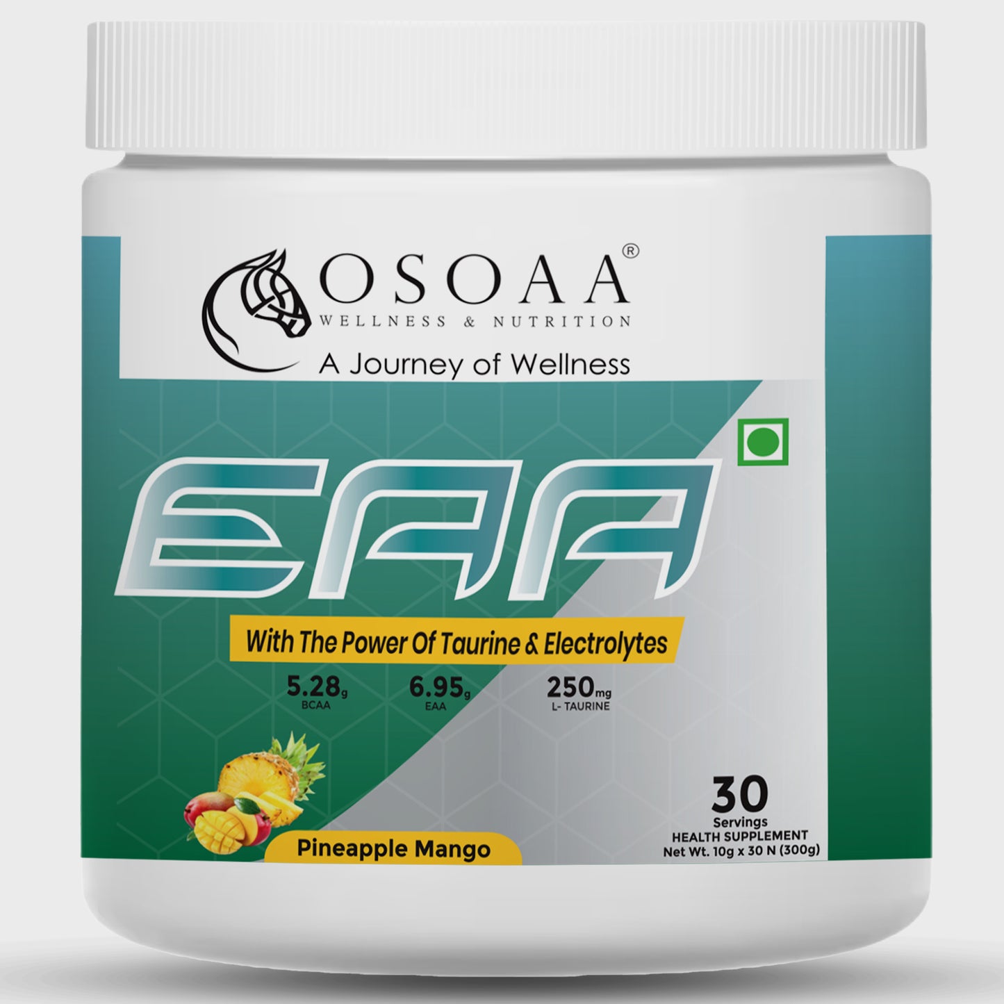 
"Front view of EAA supplement packaging featuring bold branding with flavor label and highlights like 'Complete Essential Amino Acids,' 'Supports Recovery & Hydration,' and 'Boosts Muscle Protein Synthesis.' The design reflects a performance-focused product ideal for intra- or post-workout use.