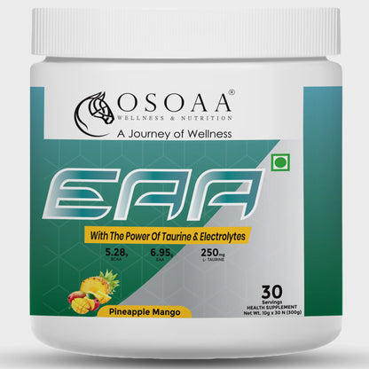 
"Front view of EAA supplement packaging featuring bold branding with flavor label and highlights like 'Complete Essential Amino Acids,' 'Supports Recovery & Hydration,' and 'Boosts Muscle Protein Synthesis.' The design reflects a performance-focused product ideal for intra- or post-workout use.