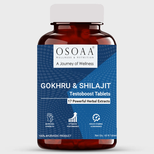 Front view of gokhru & shilajit label, made with herbal extracts to increase strength, stamina and endurance