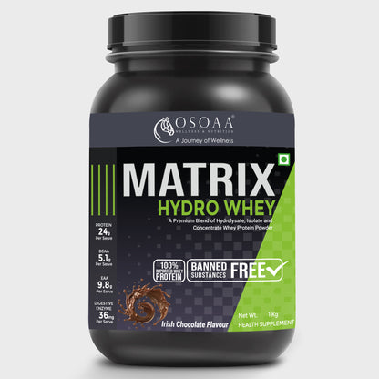 OSOAA Whey Protein Powder Matrix Hydro - 24g Protein Tri-Blend in Irish Chocolate flavor, 1kg jar for muscle recovery and strength.