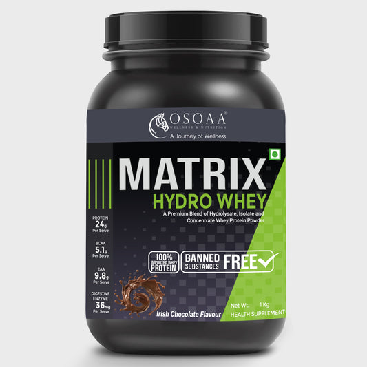 OSOAA Whey Protein Powder Matrix Hydro - 24g Protein Tri-Blend in Irish Chocolate flavor, 1kg jar for muscle recovery and strength.