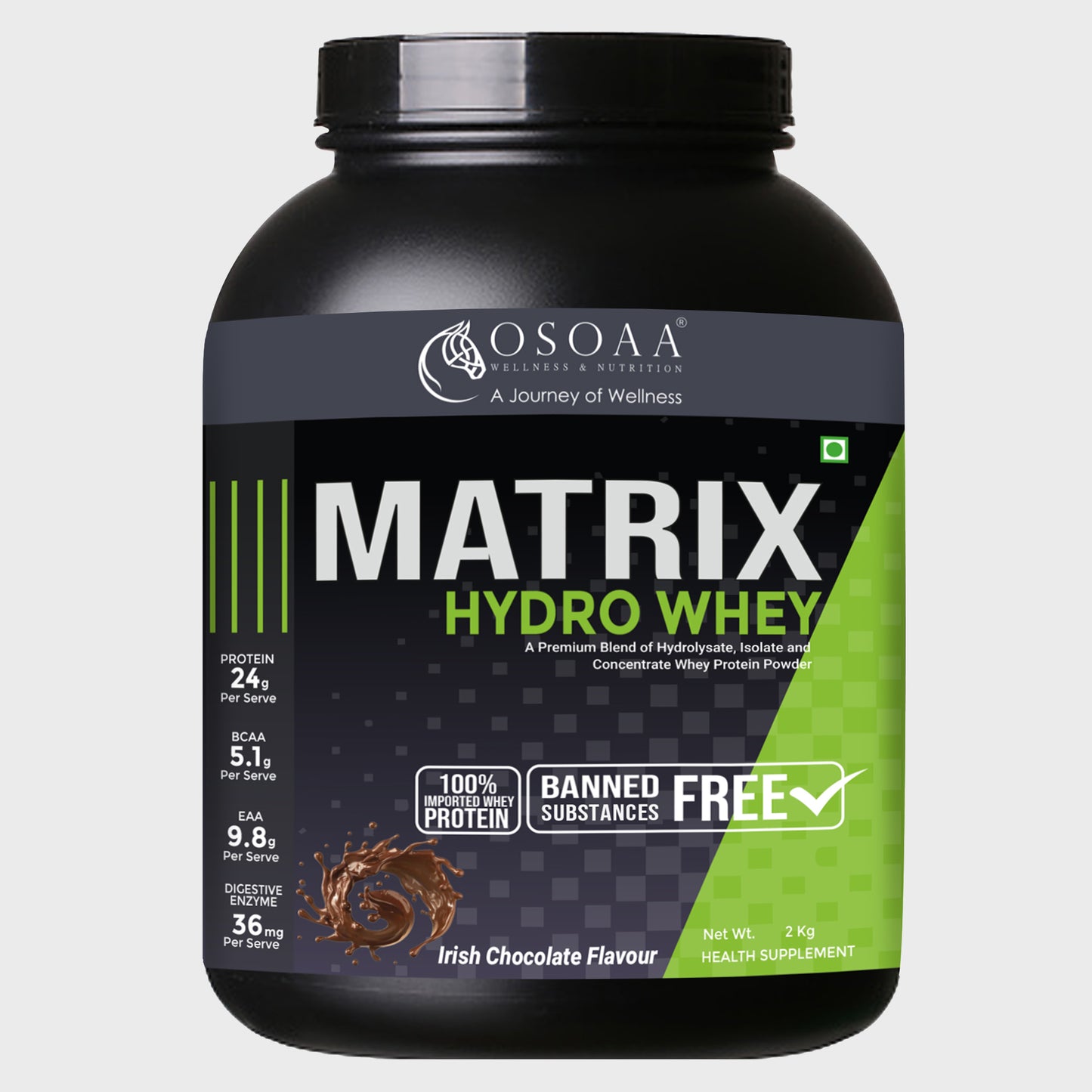 OSOAA Whey Protein Powder Matrix Hydro - 24g Protein Tri-Blend in Irish Chocolate flavor, 2kg jar for advanced fitness and recovery.