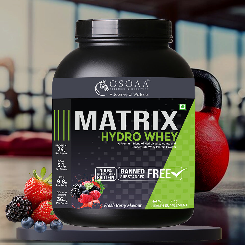 OSOAA Whey Protein Powder Matrix Hydro - 24g Protein Tri-Blend in Fresh Berry flavor, 2kg jar with no banned substances or fillers.