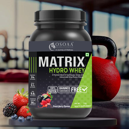 OSOAA Whey Protein Powder Matrix Hydro - 24g Protein Tri-Blend in Fresh Berry flavor, 1kg jar ideal for lean muscle and recovery.