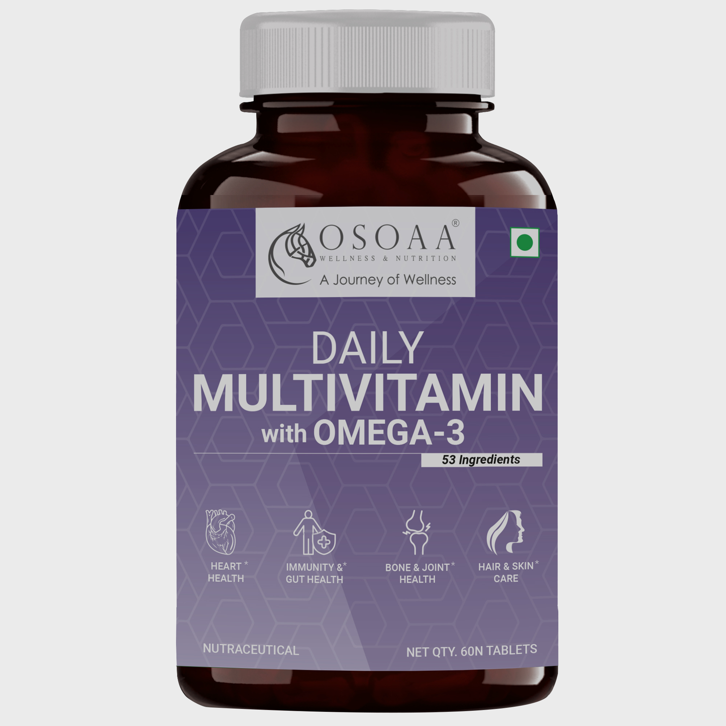 Front Product image of Multivitamin with Omega-3 supplement featuring vibrant packaging that highlights key benefits like complete daily nutrition, supports immunity, energy, heart and brain health, with essential vitamins, minerals, and added EPA & DHA from omega-3.