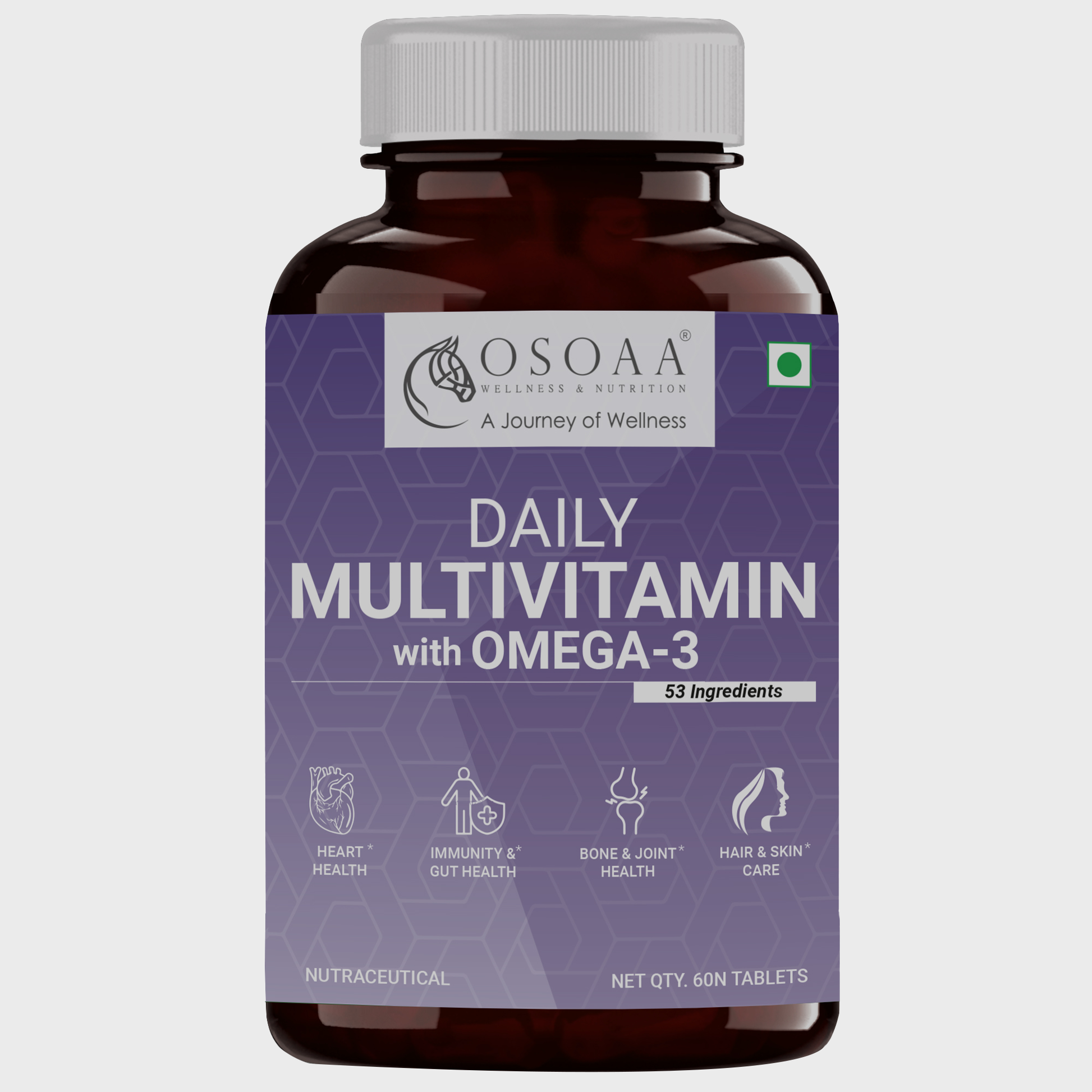 Front Product image of Multivitamin with Omega-3 supplement featuring vibrant packaging that highlights key benefits like complete daily nutrition, supports immunity, energy, heart and brain health, with essential vitamins, minerals, and added EPA & DHA from omega-3.