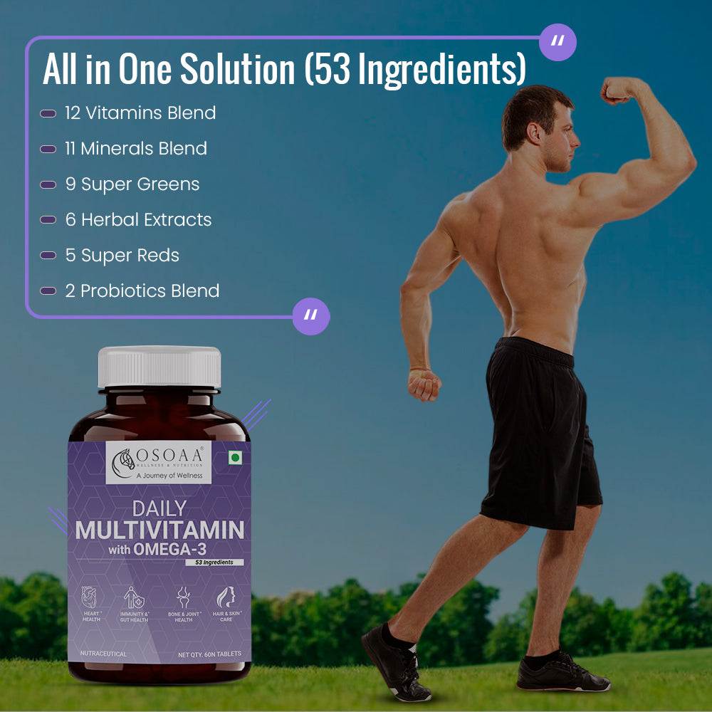 Slide listing ingredients of Multivitamin with Omega-3 supplement, including essential vitamins like A, C, D, E, B-complex, minerals like zinc, magnesium, and iron, along with EPA & DHA from omega-3 fish oil, and supporting nutrients such as biotin and folic acid.