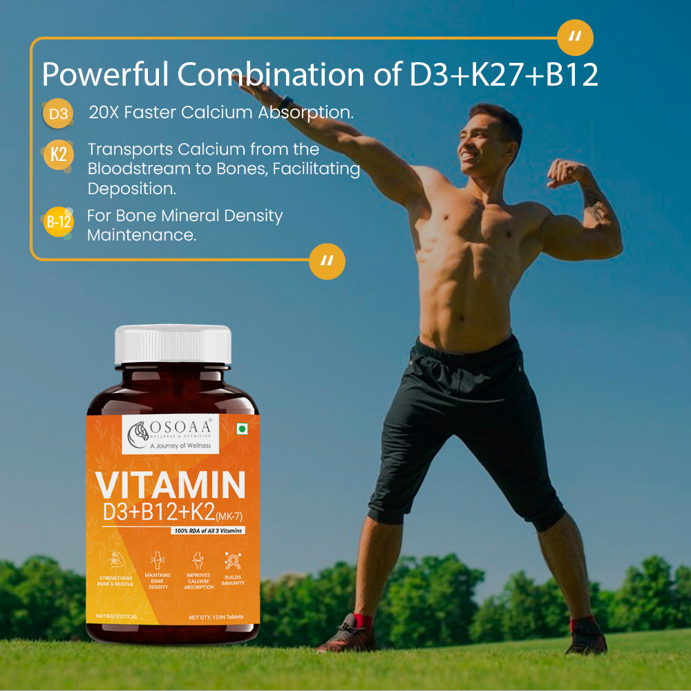 OSOAA Veg Vitamin D3, K2 & B12 bottle with 120 tablets for plant-based nutrition and overall wellness.