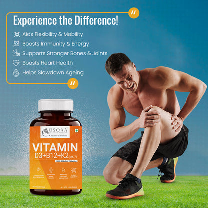 Front label of OSOAA Veg Vitamin D3, K2 & B12—120 tablets promoting bone strength, cardiovascular wellness, and vitality.