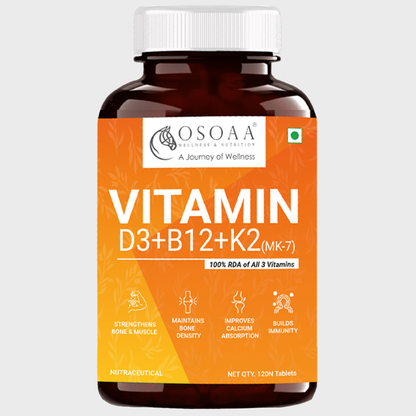 OSOAA Veg Vitamin D3, K2 & B12 supplement bottle with 120 tablets for bone health, heart support, and energy.