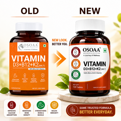 Comparison of Osoaa Vitamin D3+B12+K2 supplement bottles, old and new versions, on a white background with green leaves.