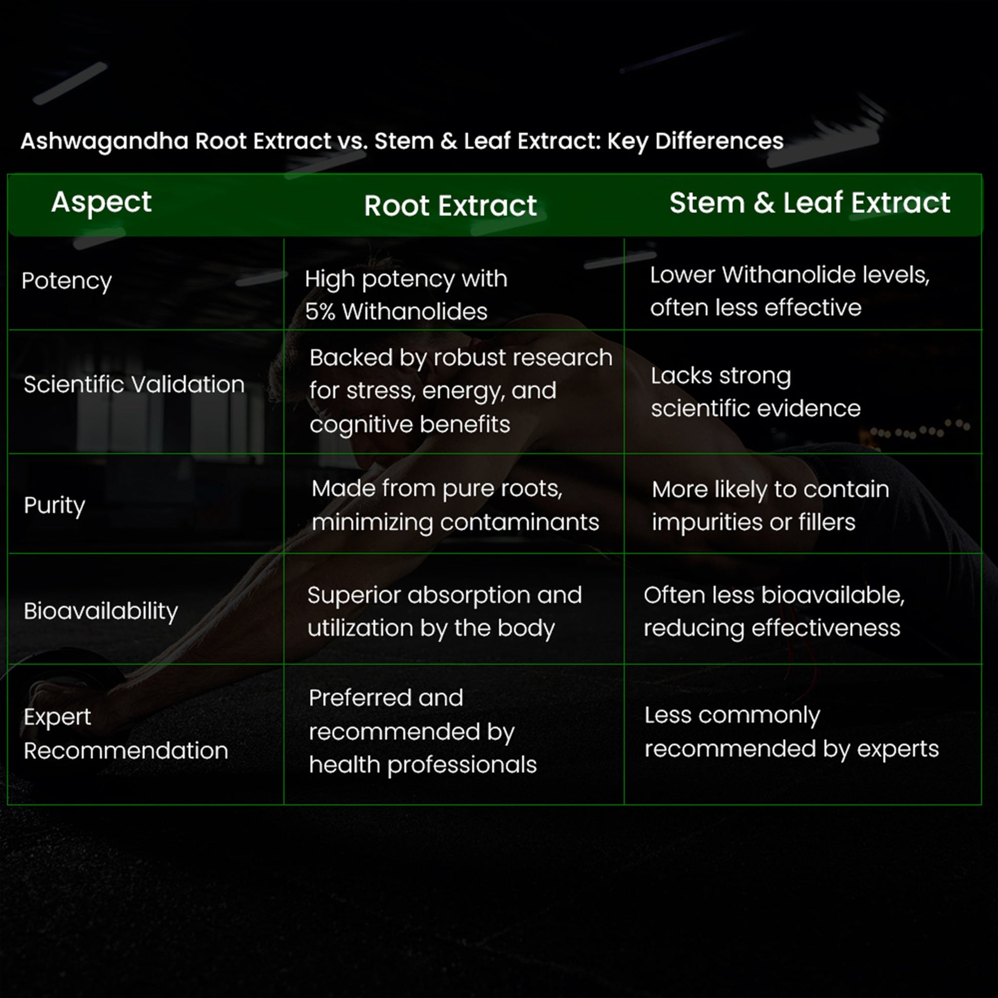 Comparison slide highlighting the difference between root and stem extracts of Ashwagandha, showcasing root extract as the more potent form with higher concentrations of active compounds like withanolides, known for stress reduction and immune support, while stem extract contains lower levels of these compounds and is often less effective.