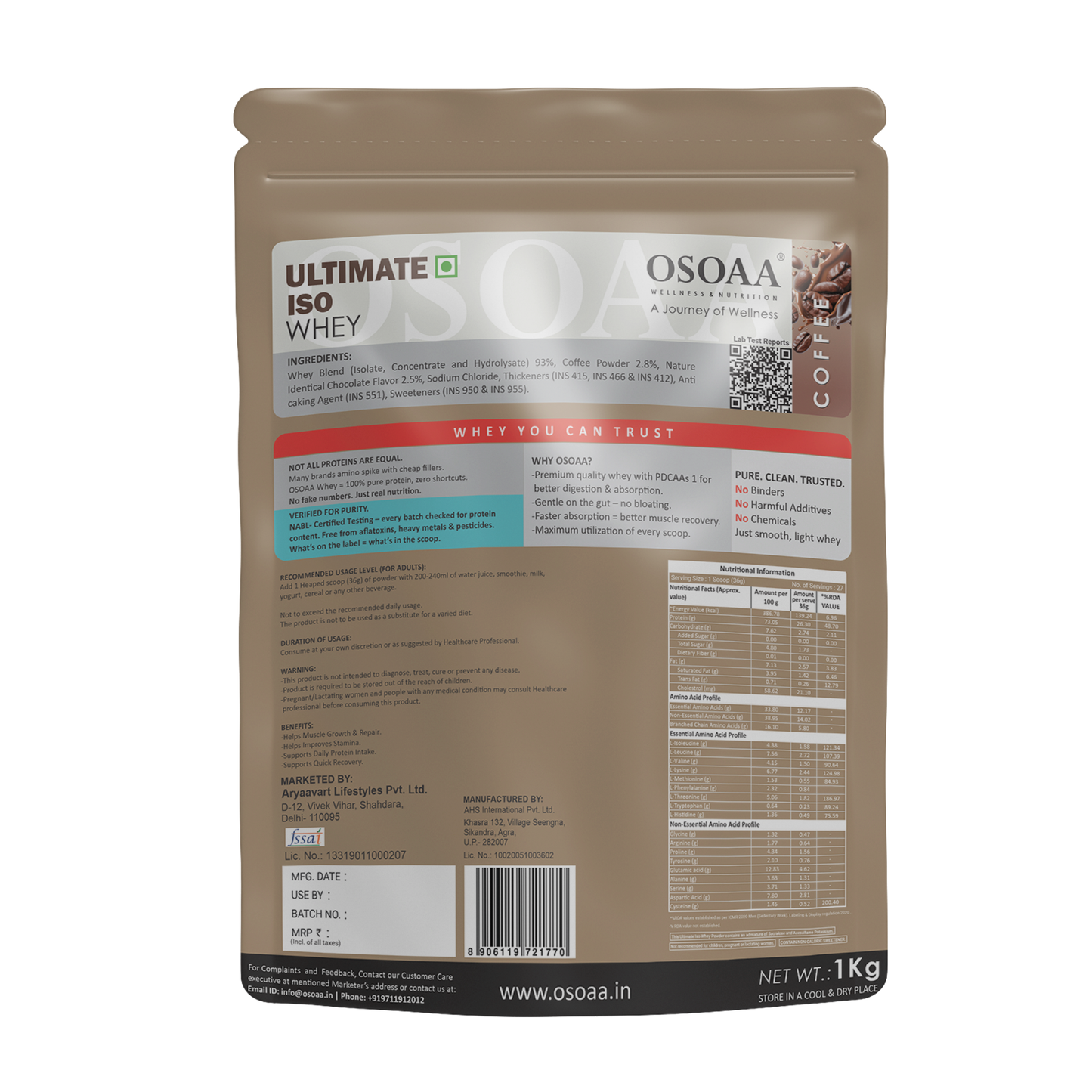 OSOAA Ultimate ISO Whey Protein- 26.1g Protein
