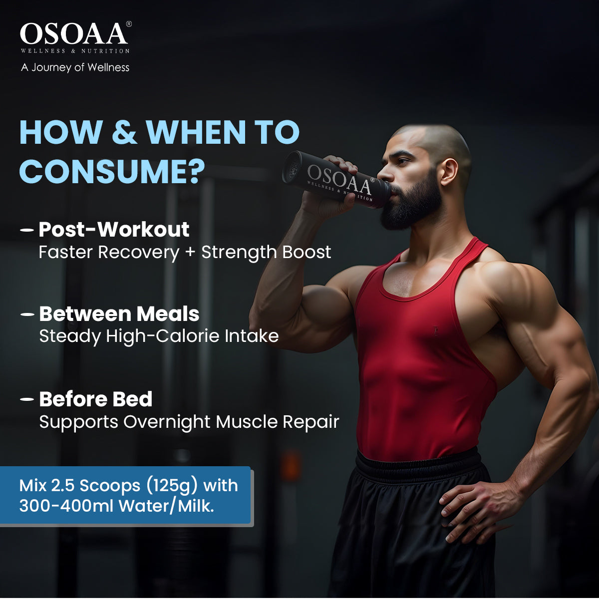 Slide showing the recommended usage of bulk Mass Gainer—1-2 servings per day, mixed with water, milk, or your preferred beverage, depending on your weight gain goals. Best consumed post-workout or as a meal replacement to support muscle growth, recovery, and overall calorie intake.