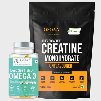 Osoaa German Certified Creatine Monohydrate (CREAPURE) 250g (Unflavored) || 1000mg Omega 3 Deep Fish Oil - 60 Capsules