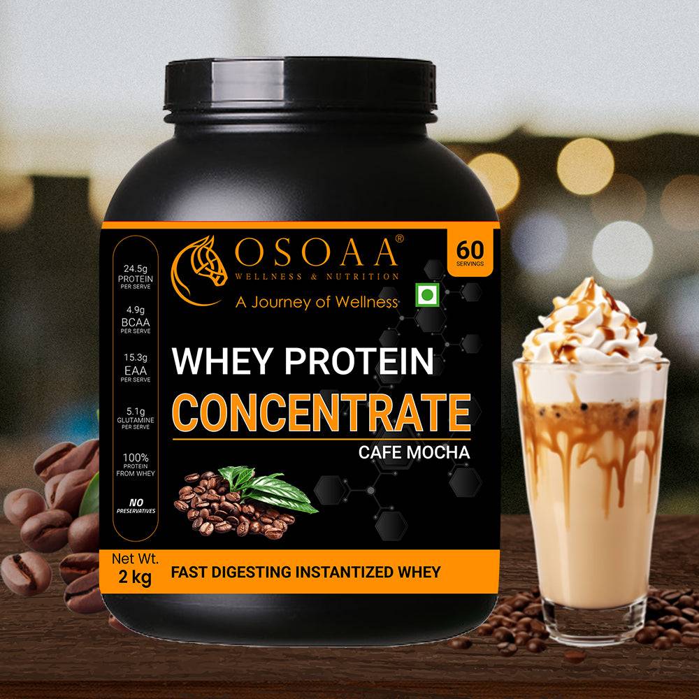 Front view of Concentrate Protein supplement in Cafe Mocha flavor, 2kg, featuring bold packaging with highlights such as 'Rich Triple Chocolate Taste', 'High-Quality Whey Concentrate', 'Contains BCAAs', 'Supports Muscle Growth', and 'No Added Sugar'.