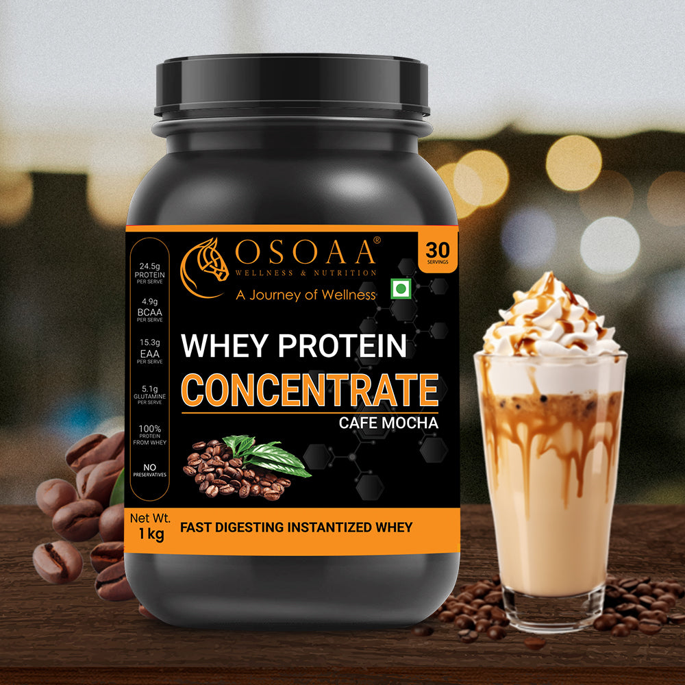 Front view of Concentrate Protein supplement in Cafe Mocha flavor, featuring bold packaging with highlights such as 'Rich Triple Chocolate Taste', 'High-Quality Whey Concentrate', 'Contains BCAAs', 'Supports Muscle Growth', and 'No Added Sugar'.