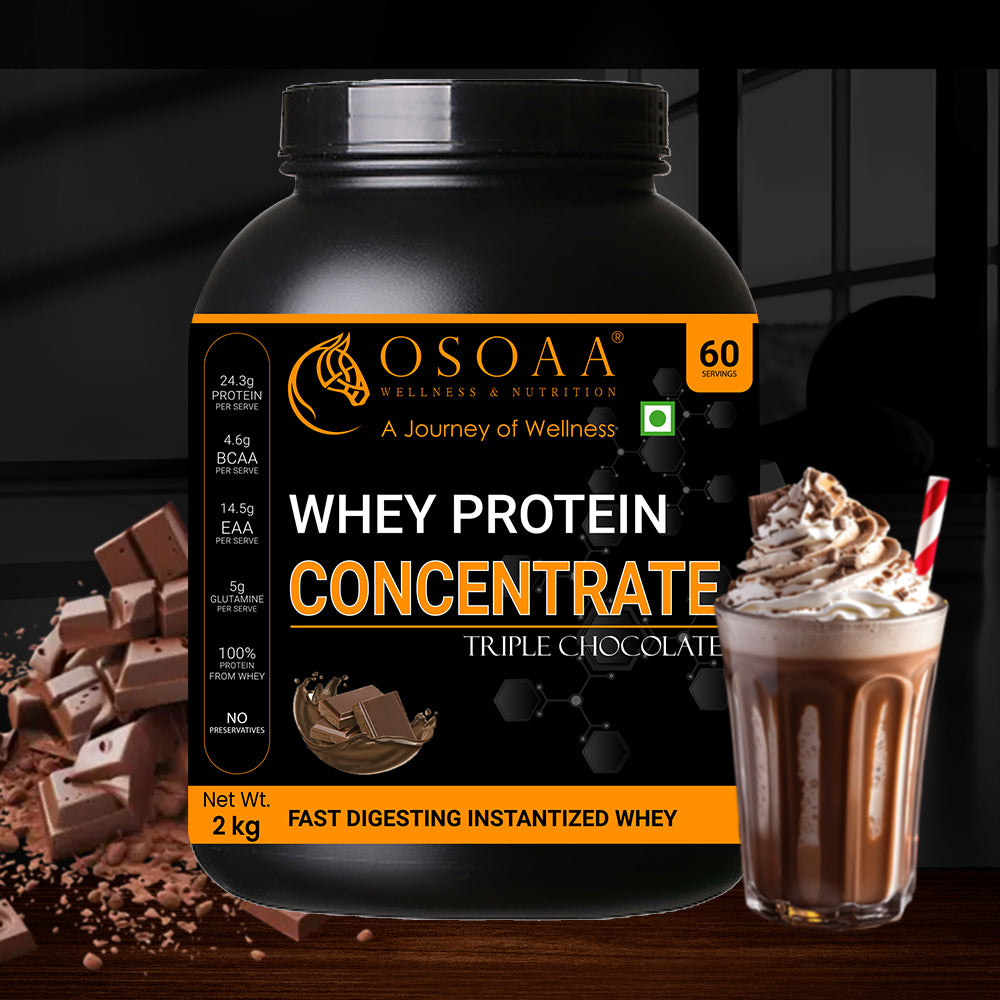 Front view of Concentrate Protein supplement in Triple Chocolate  flavor, 2kg, featuring bold packaging with highlights such as 'Rich Triple Chocolate Taste', 'High-Quality Whey Concentrate', 'Contains BCAAs', 'Supports Muscle Growth', and 'No Added Sugar'.