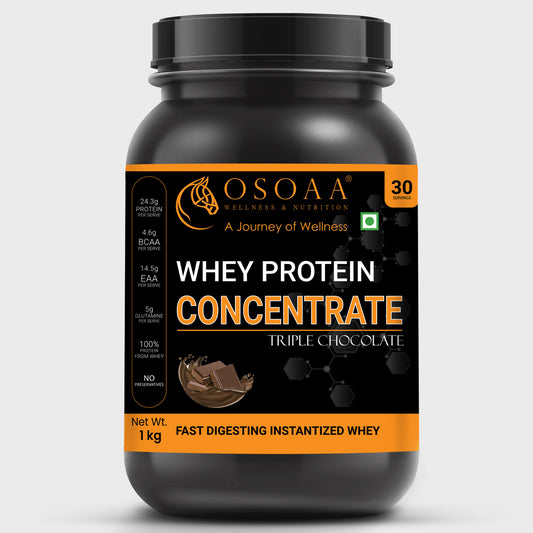 Front view of Concentrate Protein supplement in Triple Chocolate flavor, featuring bold packaging with highlights such as 'Rich Triple Chocolate Taste', 'High-Quality Whey Concentrate', 'Contains BCAAs', 'Supports Muscle Growth', and 'No Added Sugar'