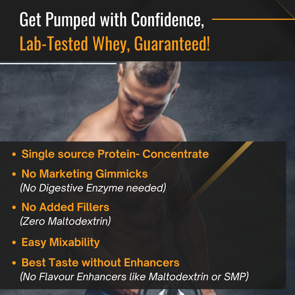 Slide displaying key features of concentrate protein, highlighting 100% pure whey concentrate, 25g protein per serving, zero added sugar, gluten-free, low carb, rich in BCAAs, no artificial flavors, and fast absorption for optimal muscle recovery.