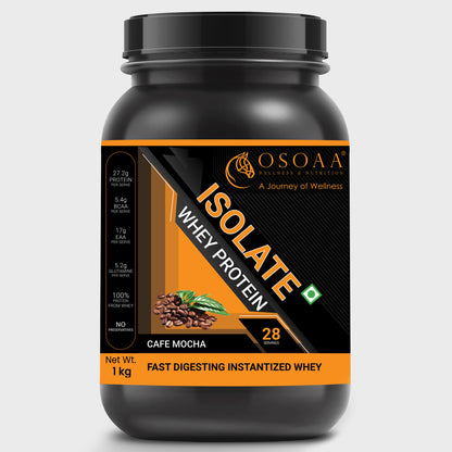 Front view of Isolate Protein supplement in Café Mocha flavor, featuring sleek packaging with bold text highlighting 100% Whey Isolate Café Mocha Flavor, Zero Added Sugar, Low Carb and Supports Lean Muscle & Recovery.