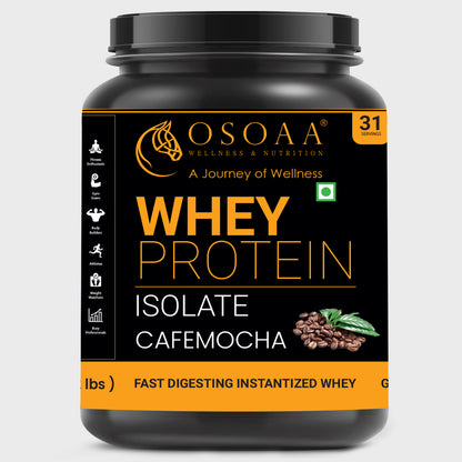 Front view of Isolate Protein supplement in cafe mocha flavor 2kg, featuring sleek packaging with bold text highlighting '100% Whey Isolate', 'Café Mocha Flavor', 'Zero Added Sugar', 'Low Carb', and 'Supports Lean Muscle & Recovery