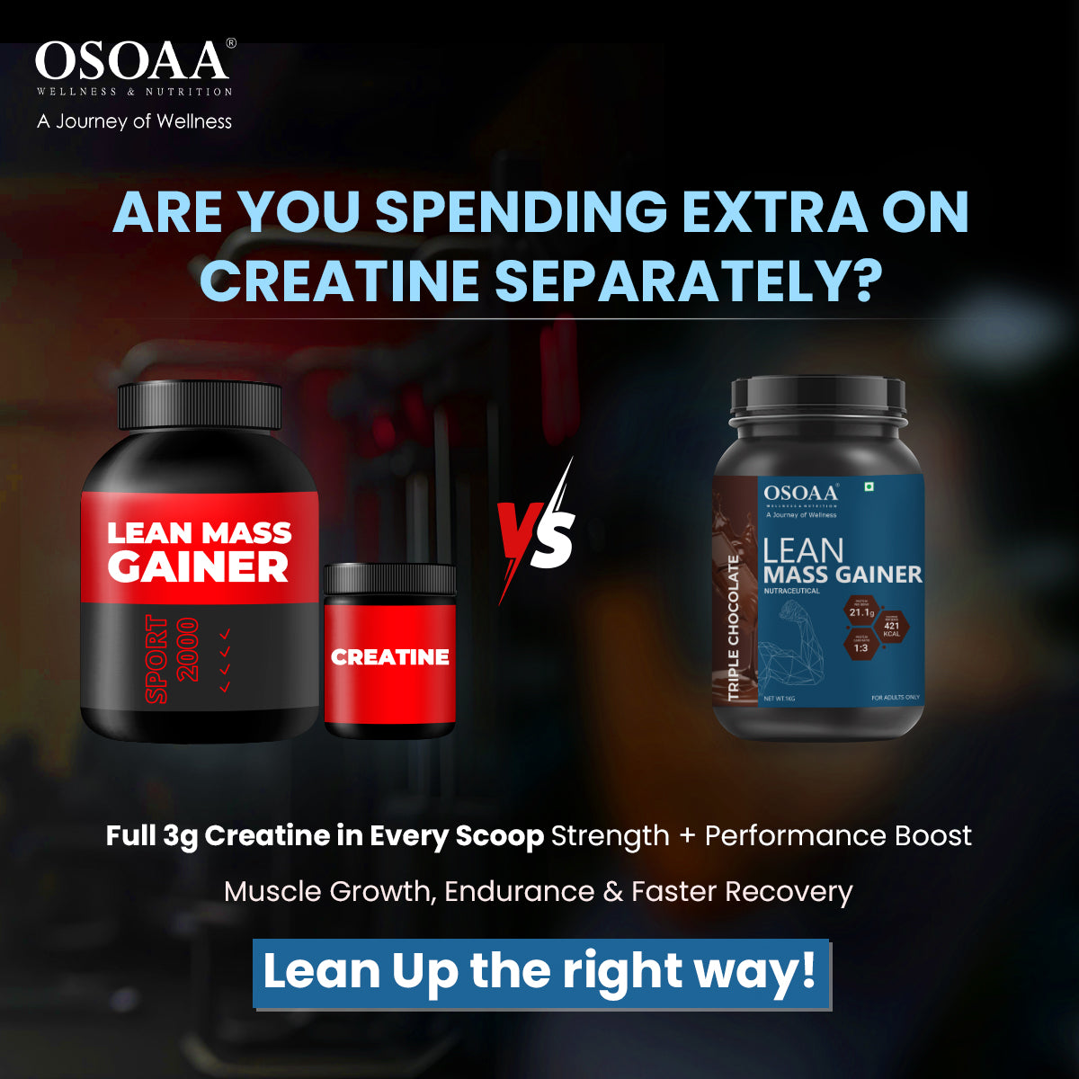 "Slide explaining the inclusion of Creatine in Lean Mass Gainer, highlighting its role in boosting strength, enhancing workout performance, and supporting muscle growth. The added creatine helps increase energy during intense training sessions and promotes faster muscle recovery, making it an ideal supplement for building lean muscle mass.