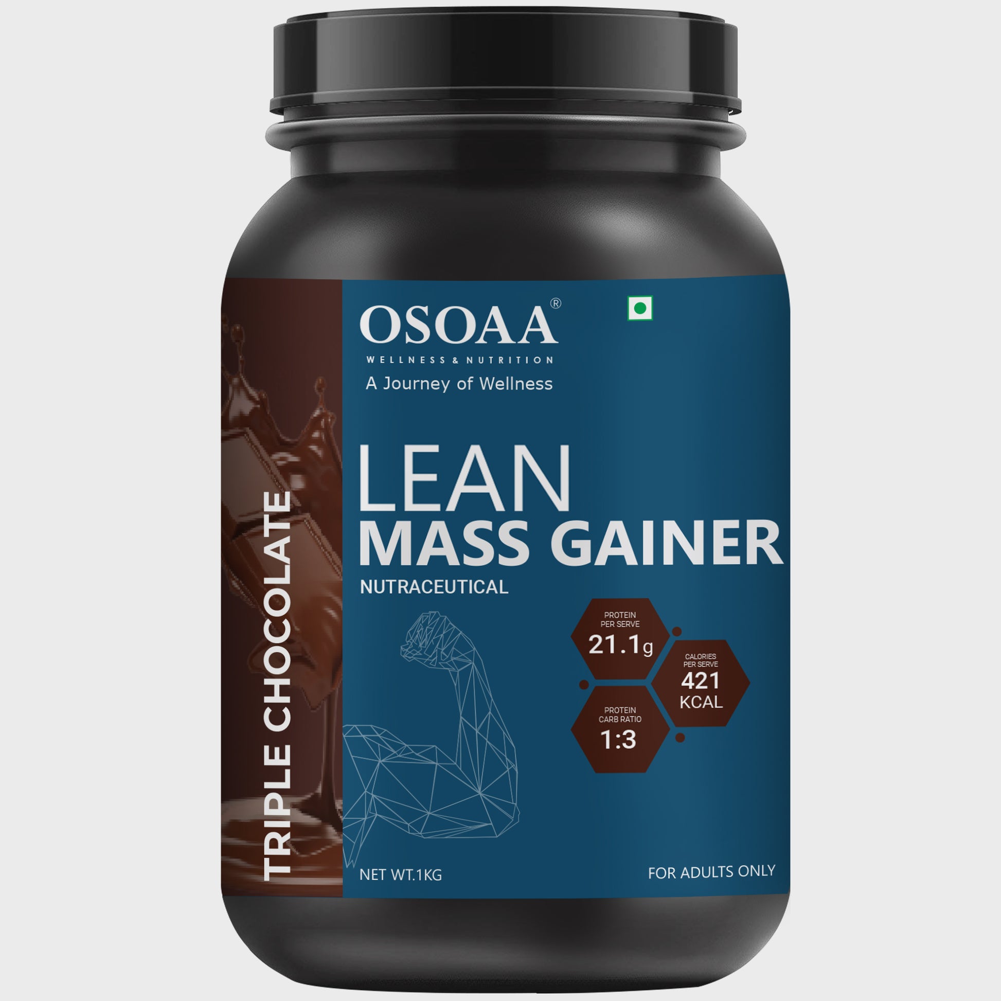 Front view of Lean Mass Gainer supplement bottle featuring bold, athletic packaging with key highlights like 'Supports Lean Muscle Growth', 'High Protein, Low Sugar', 'Helps with Weight Gain and Strength', and 'Packed with Nutrients for Optimal Recovery'.