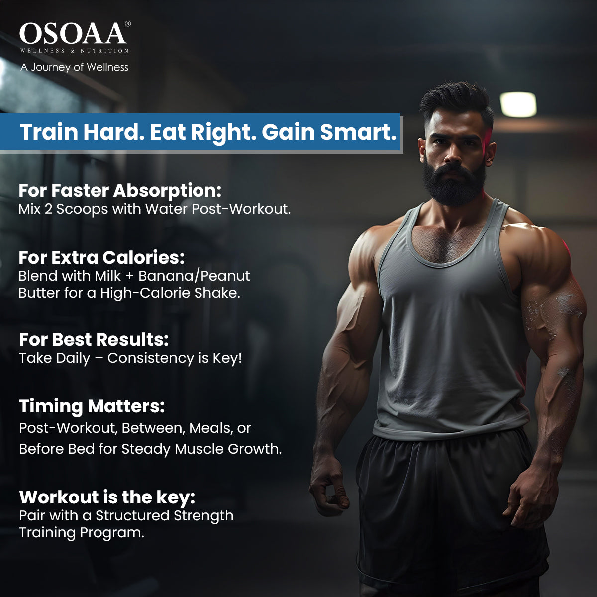 Slide offering tips for optimal use of Lean Mass Gainer, including consuming it post-workout for muscle recovery, pairing it with a balanced diet for maximum results, drinking plenty of water to stay hydrated, and incorporating strength training to support lean muscle gain.