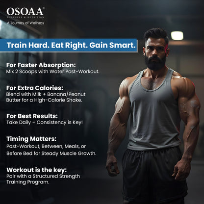 Slide offering tips for optimal use of Lean Mass Gainer, including consuming it post-workout for muscle recovery, pairing it with a balanced diet for maximum results, drinking plenty of water to stay hydrated, and incorporating strength training to support lean muscle gain.