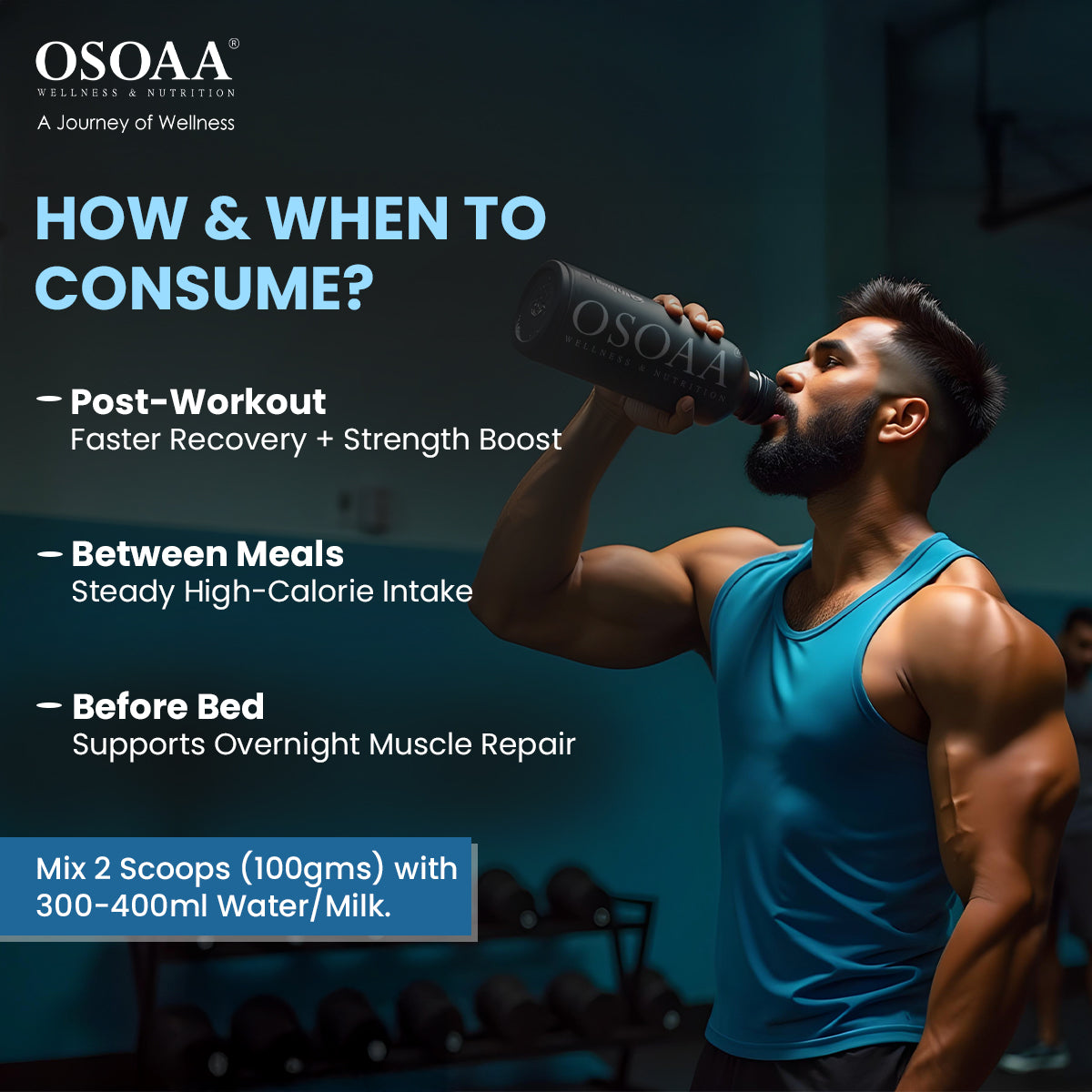 Slide showing the recommended usage of Lean Mass Gainer—1-2 servings per day, mixed with water, milk, or your preferred beverage, depending on your weight gain goals. Best consumed post-workout or as a meal replacement to support muscle growth, recovery, and overall calorie intake