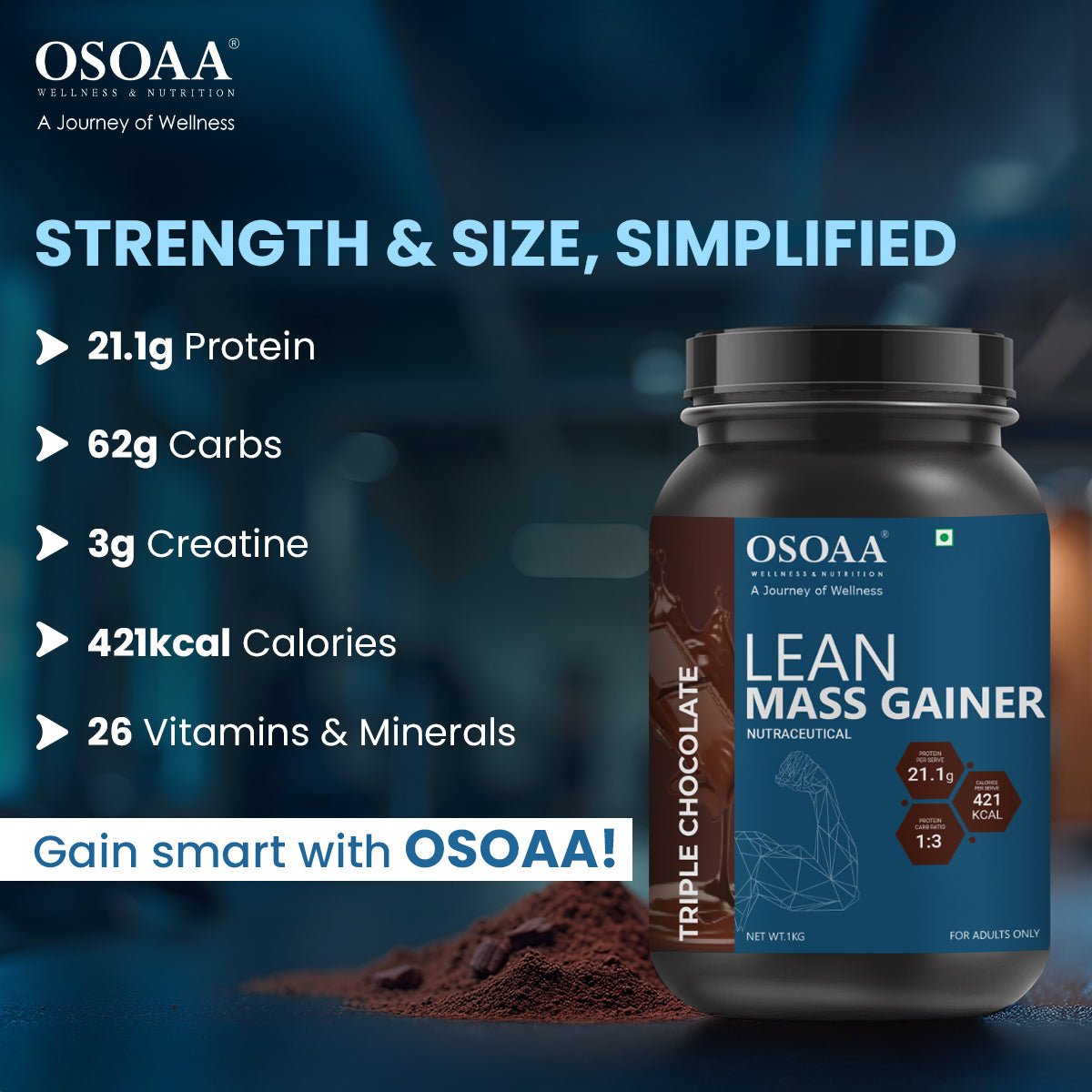 Slide highlighting the key features of Lean Mass Gainer, including high-quality protein blend for muscle growth, low sugar content to prevent fat gain, added vitamins and minerals for overall health, fast absorption for optimal recovery, and designed for lean muscle gain without excessive fat.