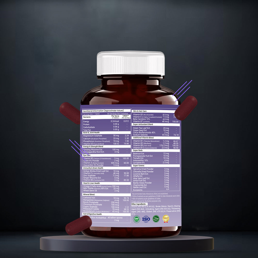 Back view of Multivitamin with Omega-3 supplement bottle displaying the Nutrition Information table, listing detailed amounts of vitamins (A, C, D, E, B-complex), minerals (zinc, magnesium, calcium, iron), and omega-3 content (EPA & DHA), along with ingredients list, daily recommended values, suggested use, and manufacturer details.