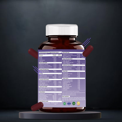 Back view of Multivitamin with Omega-3 supplement bottle displaying the Nutrition Information table, listing detailed amounts of vitamins (A, C, D, E, B-complex), minerals (zinc, magnesium, calcium, iron), and omega-3 content (EPA & DHA), along with ingredients list, daily recommended values, suggested use, and manufacturer details.