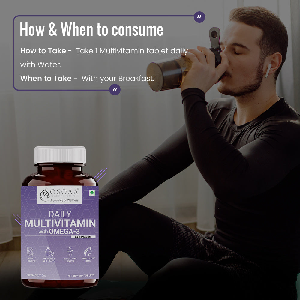 Slide explaining how and when to consume the multivitamin supplement, showing recommended dosage of 1 daily after a meal, preferably lunch or dinner, with a visual of a glass of water and meal plate for context