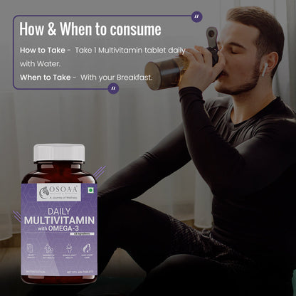 Slide explaining how and when to consume the multivitamin supplement, showing recommended dosage of 1 daily after a meal, preferably lunch or dinner, with a visual of a glass of water and meal plate for context