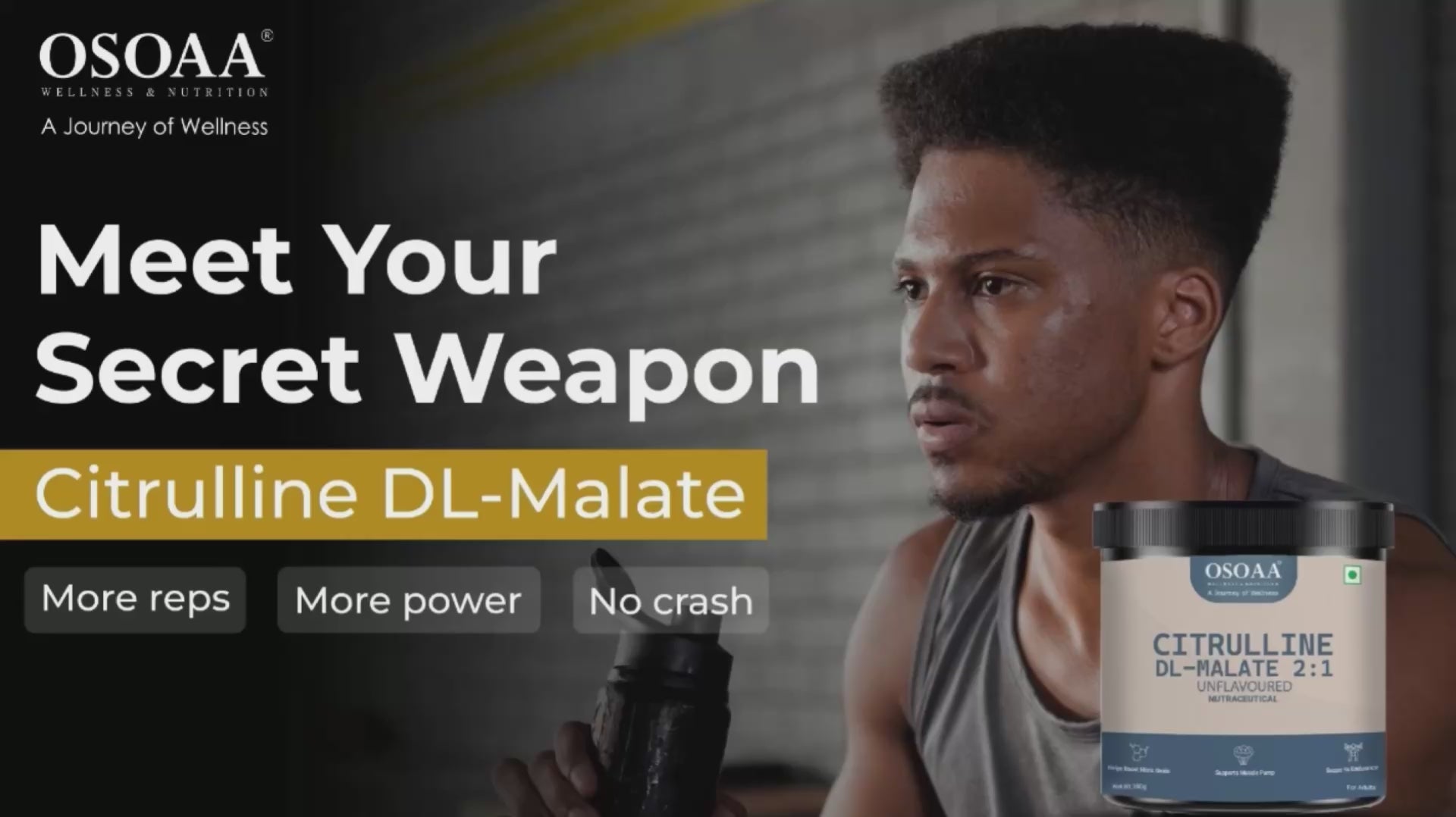 Product video showcasing the benefits and usage of Citrulline supplement. The video highlights how Citrulline boosts nitric oxide production, improves blood flow, enhances workout performance, and supports muscle endurance. It includes visuals of athletes taking the supplement before workouts, demonstrating the product's effectiveness in action.