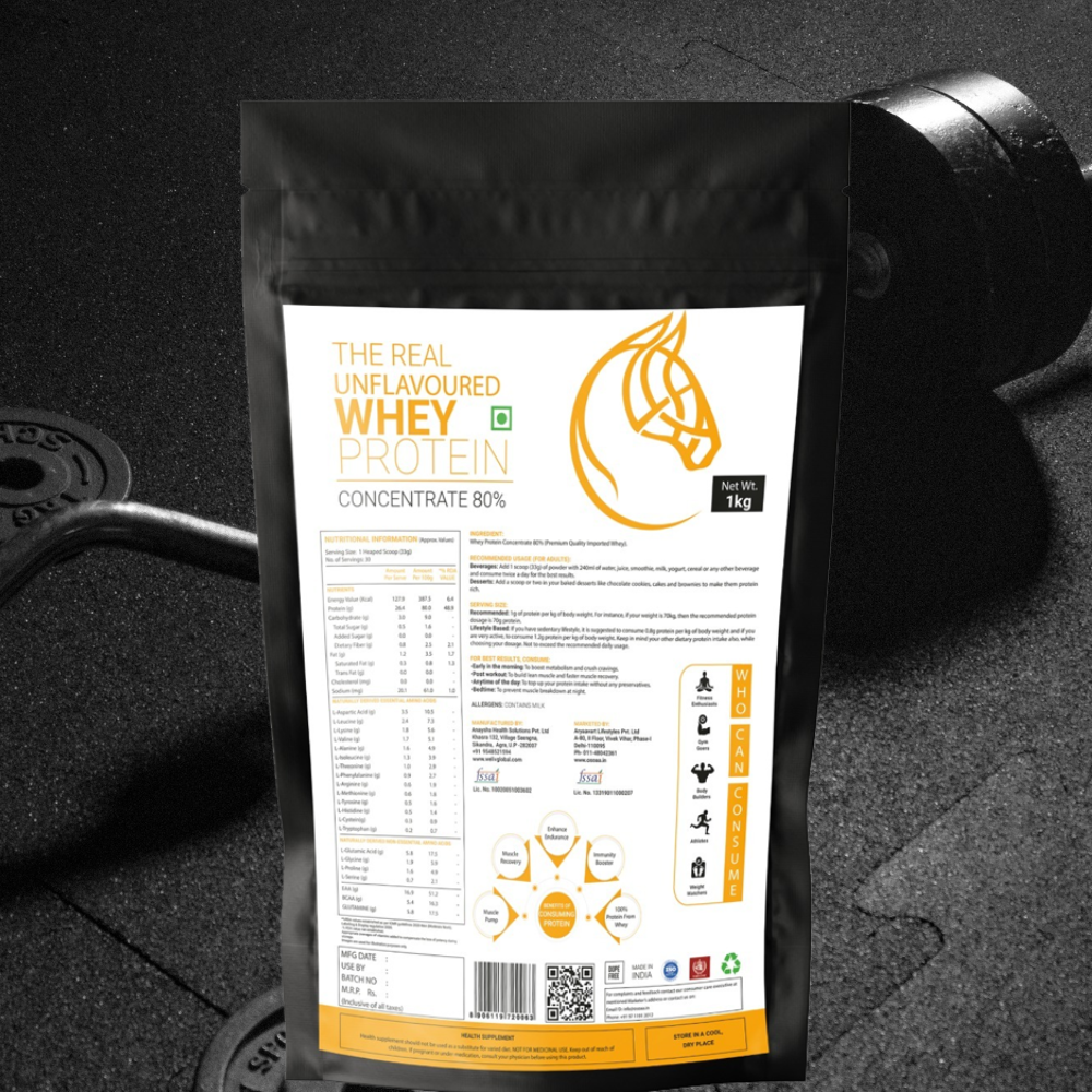 Back view of the protein supplement packaging showing the detailed nutrition facts table, including serving size, calories, protein content per serving, carbs, fats, BCAAs, vitamins, and minerals, along with ingredients list, usage instructions, and manufacturer details.