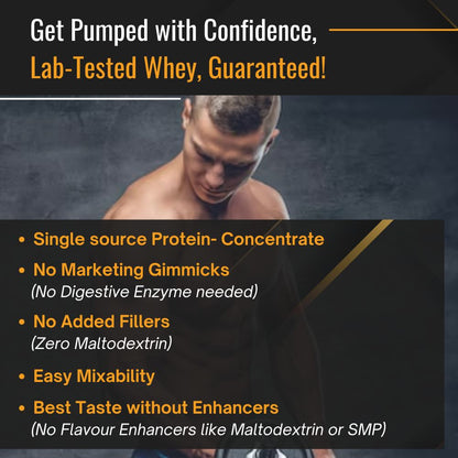 Slide displaying key features of concentrate protein, highlighting 100% pure whey concentrate, 25g protein per serving, zero added sugar, gluten-free, low carb, rich in BCAAs, no artificial flavors, and fast absorption for optimal muscle recovery.