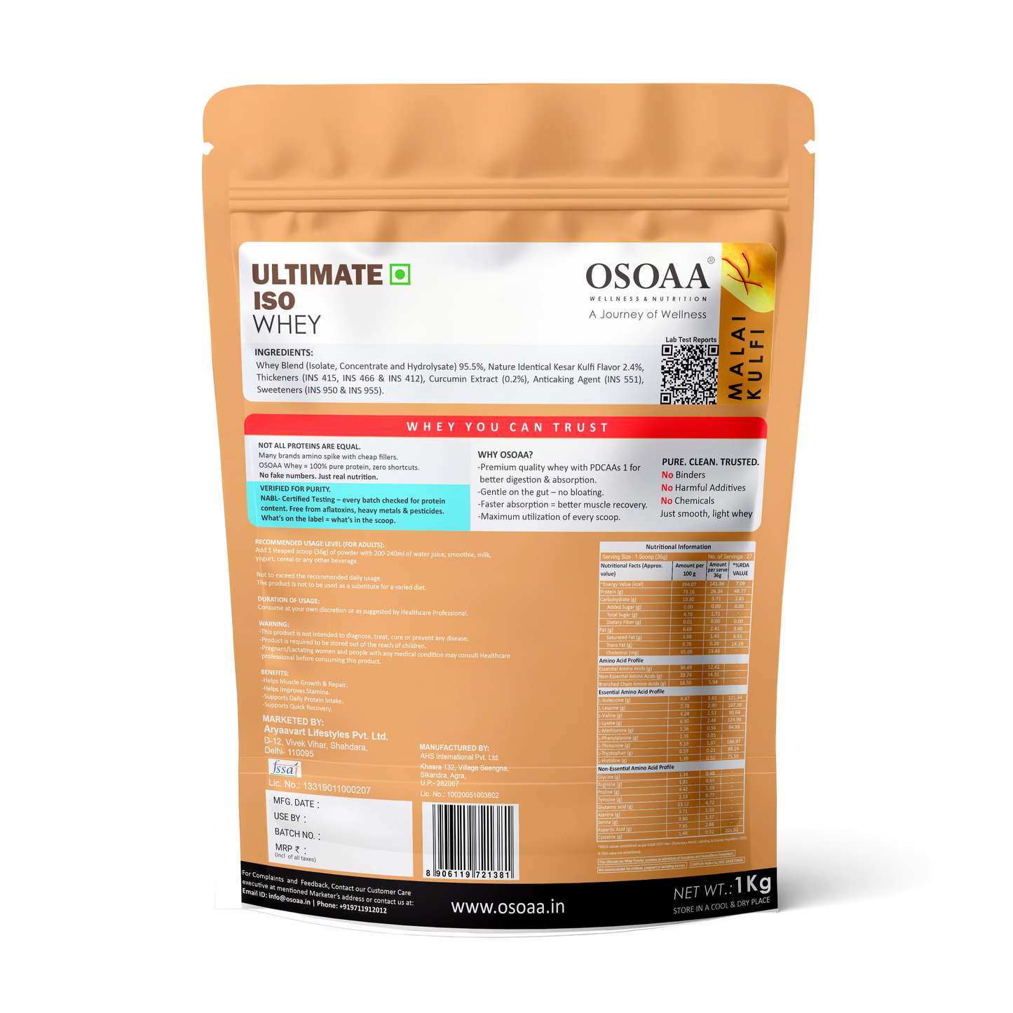 OSOAA Ultimate ISO Whey Protein- 26.1g Protein